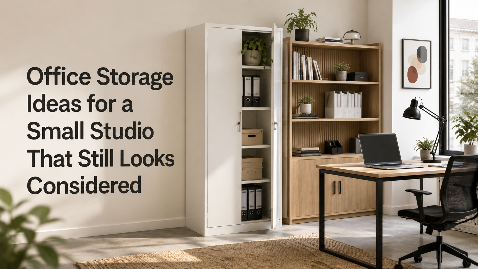Office storage ideas in a considered small European creative studio