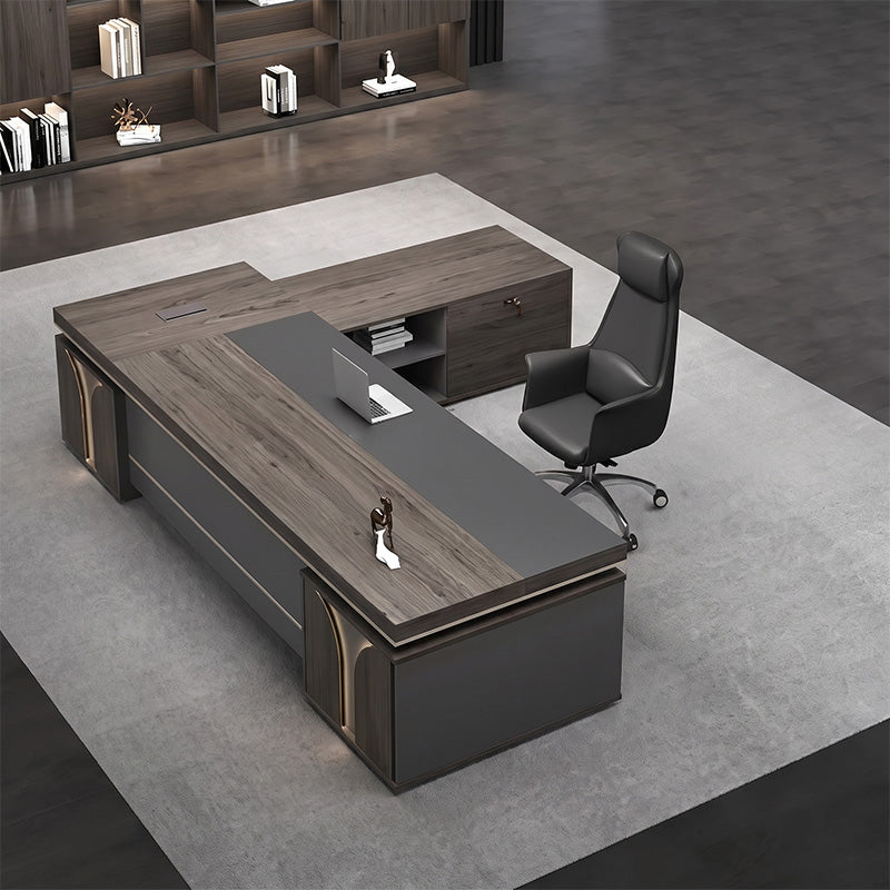 Gray L-Shaped Executive Desk with Side Cabinet & Dial Lock