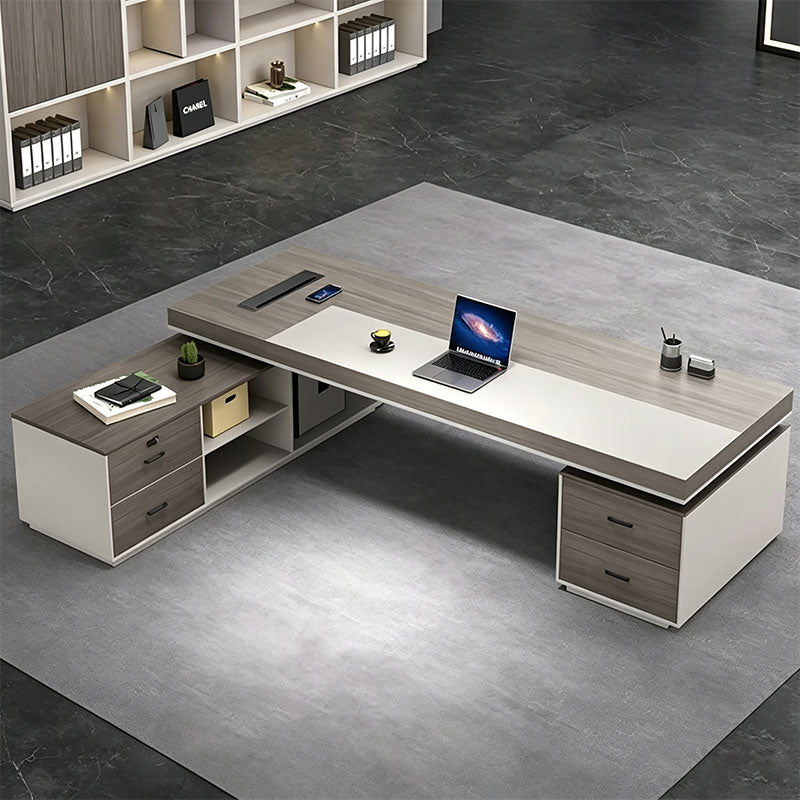 Grey Oak L-Shaped Executive Desk with Side Cabinets