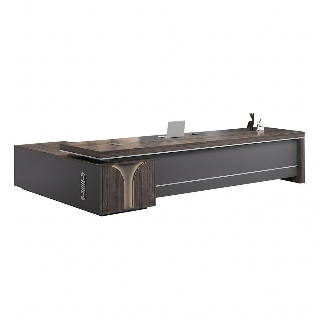 Gray L-Shaped Executive Desk with Side Cabinet & Dial Lock