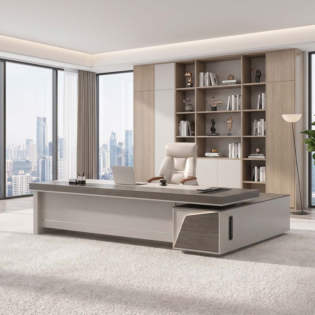 Grey Oak L-Shaped Executive Desk with Side Cabinets