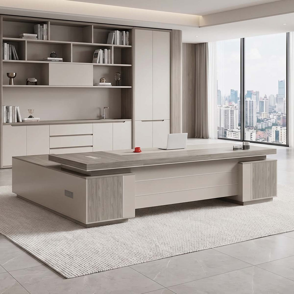 Luxury L-Shaped Executive Table with Power Outlet & Side Cabinet