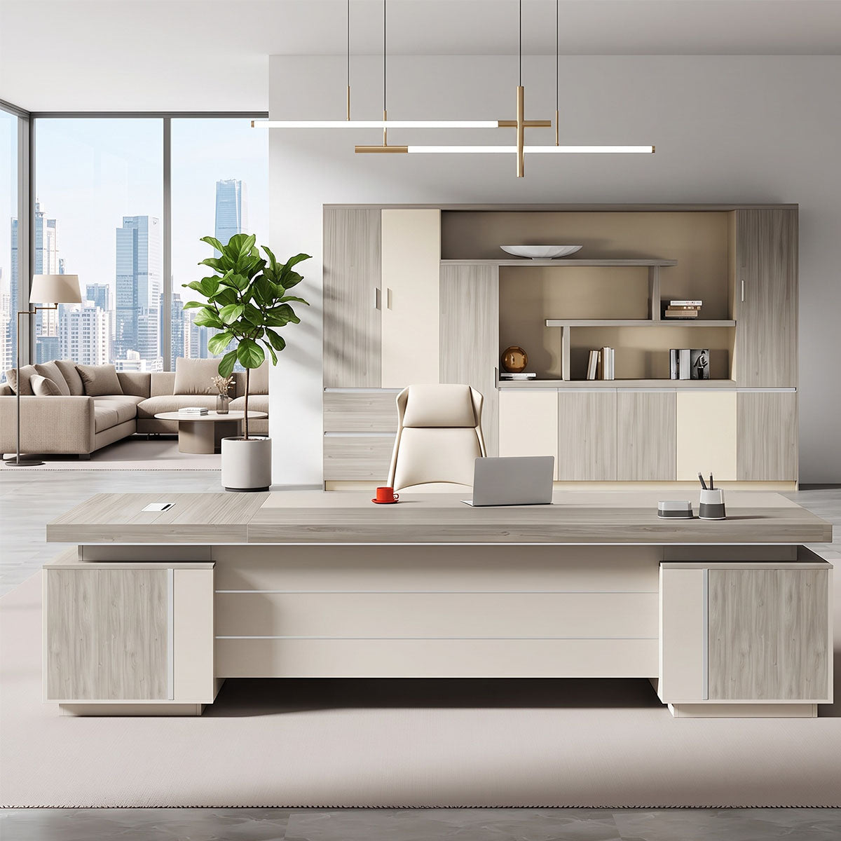 Luxury L-Shaped Executive Table with Power Outlet & Side Cabinet