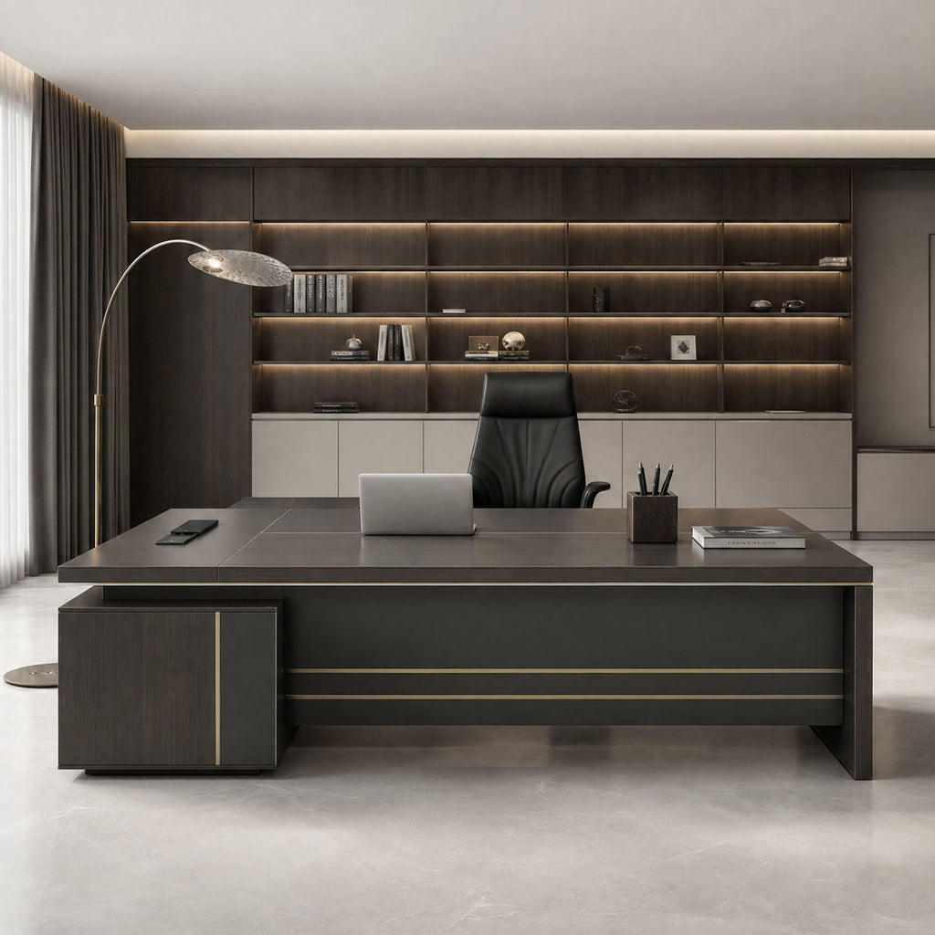 Modern L-Shaped Executive Desk with Power Outlet & Side Cabinet