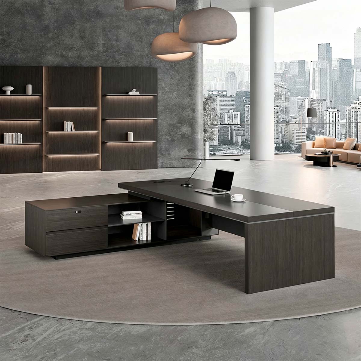 Modern L-Shaped Executive Desk with Power Outlet & Side Cabinet