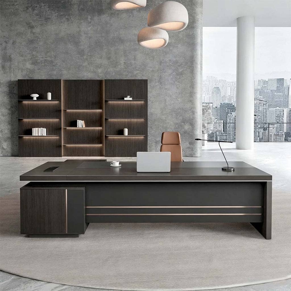 Modern L-Shaped Executive Desk with Power Outlet & Side Cabinet