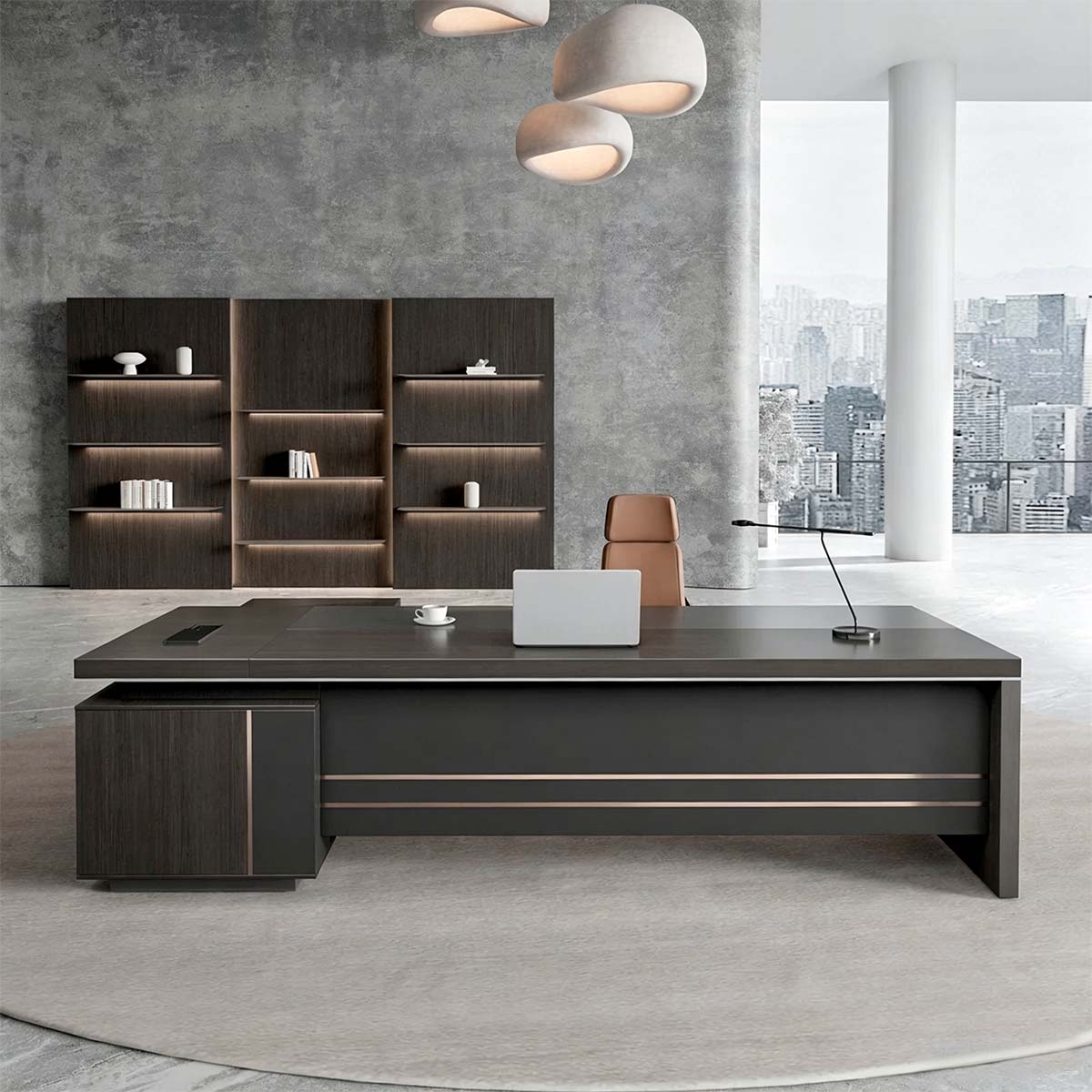 Modern L-Shaped Executive Desk with Power Outlet & Side Cabinet