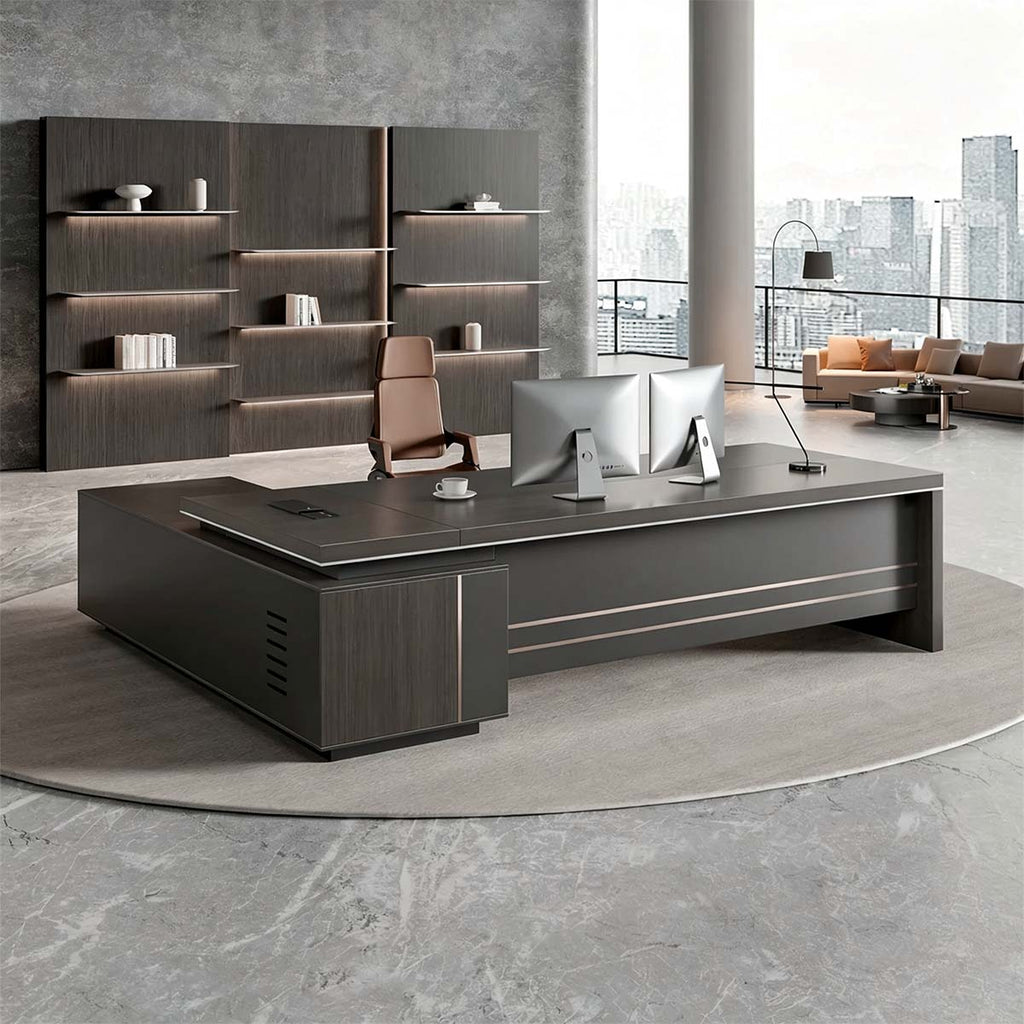 Modern L-Shaped Executive Desk with Power Outlet & Side Cabinet