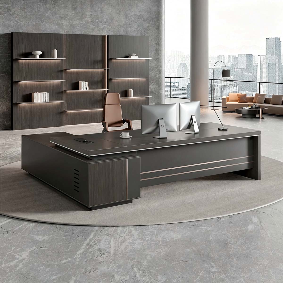 Modern L-Shaped Executive Desk with Power Outlet & Side Cabinet
