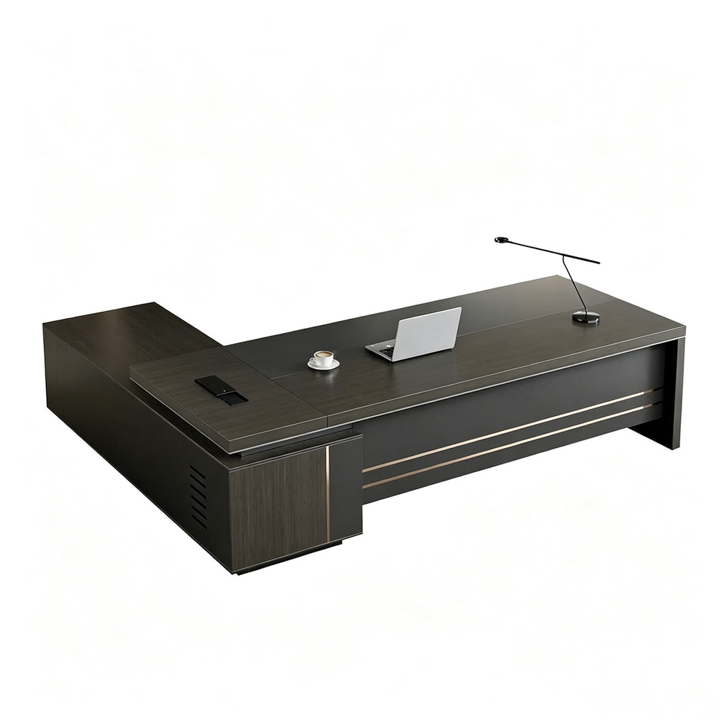 Modern L-Shaped Executive Desk with Power Outlet & Side Cabinet