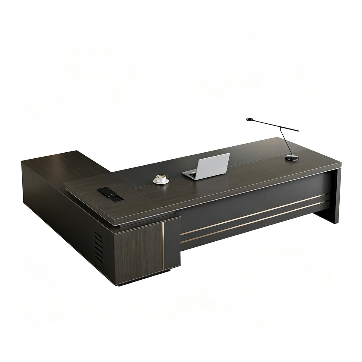 Modern L-Shaped Executive Desk with Power Outlet & Side Cabinet