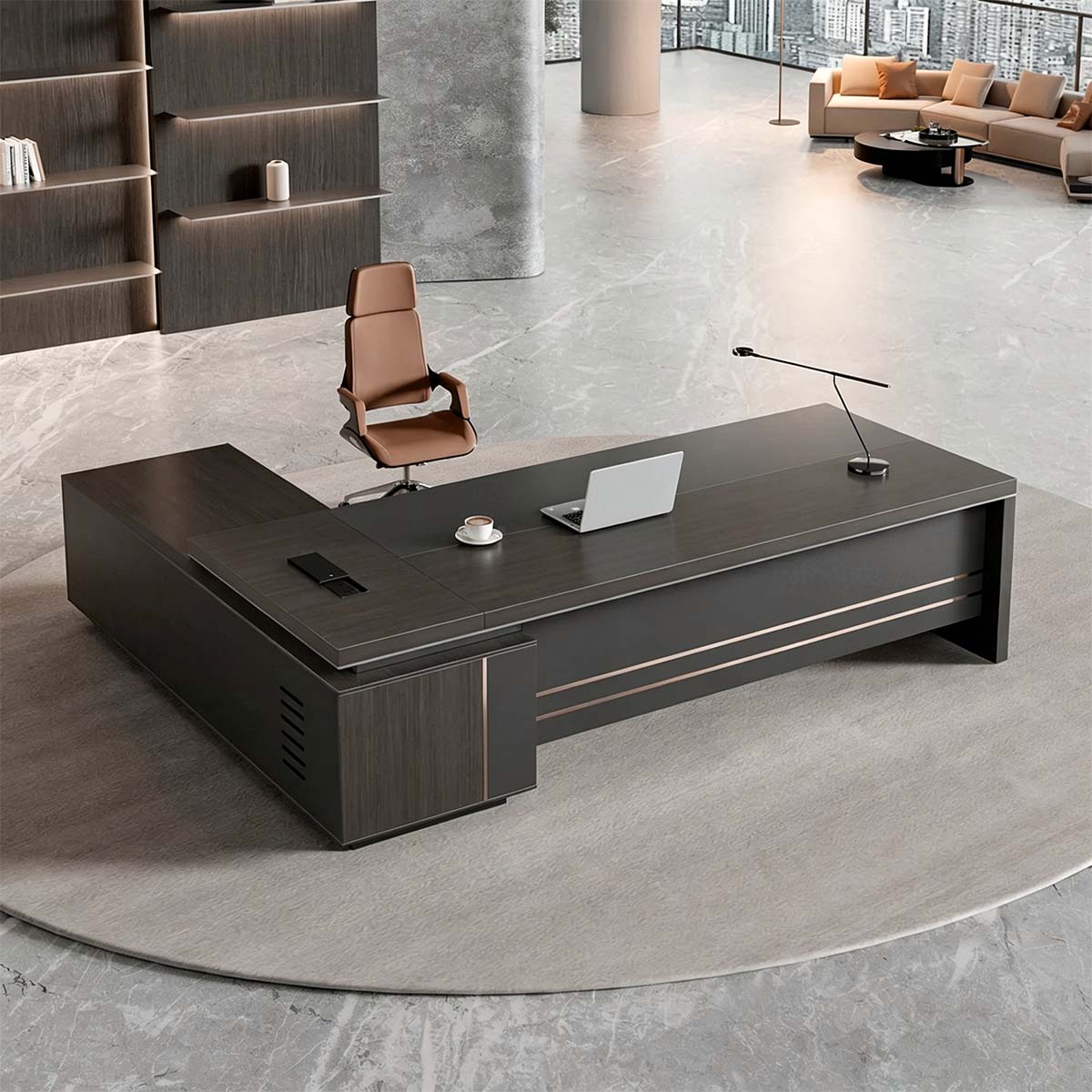 Modern L-Shaped Executive Desk with Power Outlet & Side Cabinet